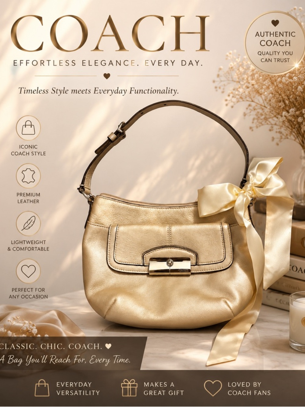 Coach Pearl Cream Leather Shoulder Bag with Satin Bow